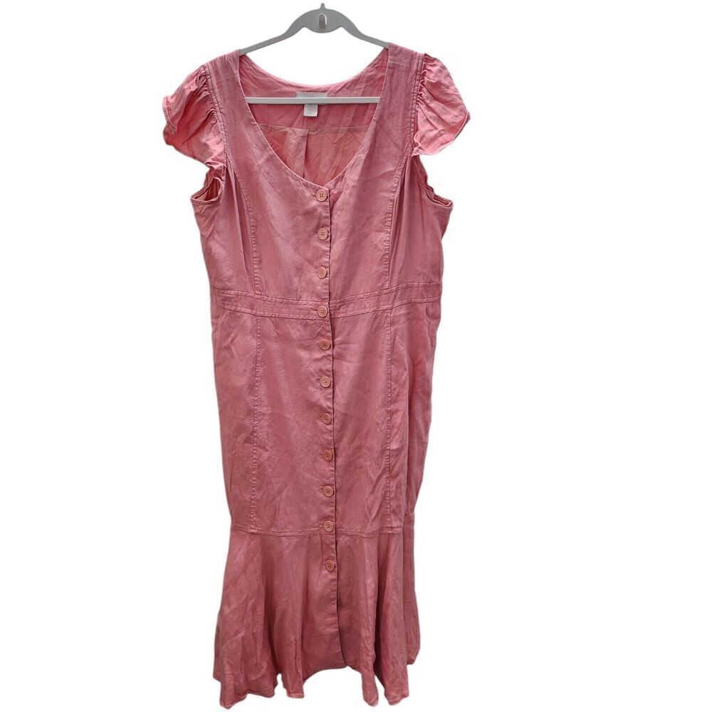 Rachel Parcell Midi Dress XL Pink Linen Rayon Button Down Ruffle Hem V-Neck